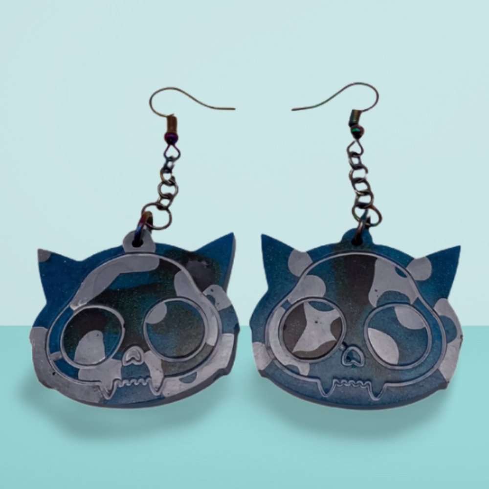 Camo Grey, black, and teal cat Skull Hook Earrings